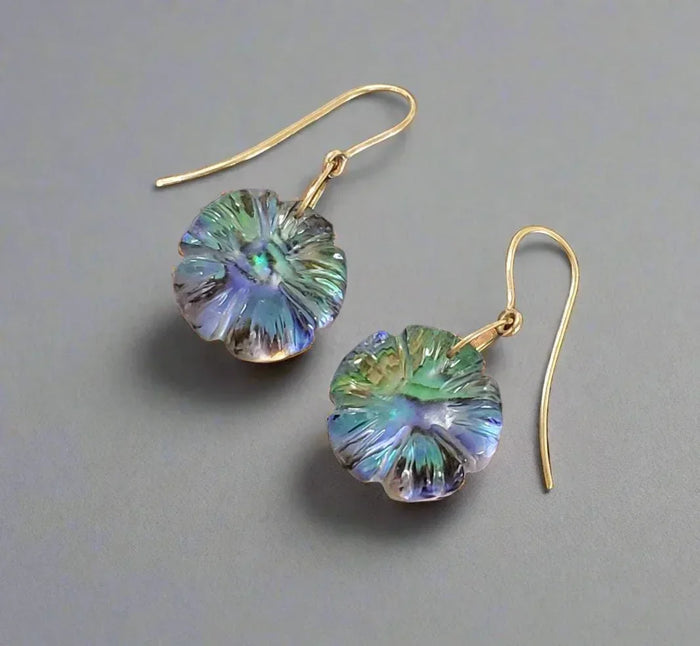 14K Gold Abalone Crystal Flower Earrings: Scintillating Dangle Ear Hook - K Jewelry Accessories