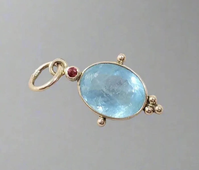 14k Gold Aquamarine & Sapphire Pendant – Vivid Oval Blue Gemstone Necklace - K Jewelry Accessories