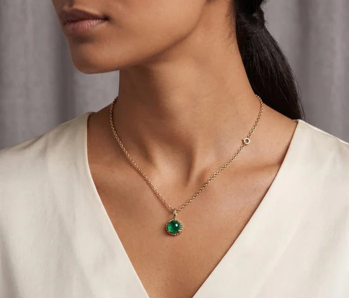 14K Gold Emerald Charm Pendant, Mini Grains Set