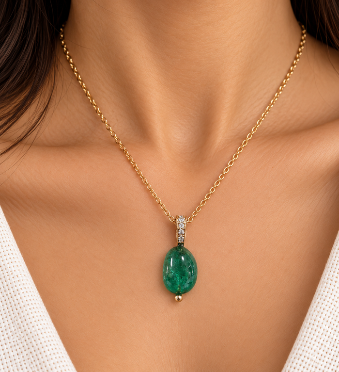14k Gold Emerald Diamond Pendant – Tumble Green Gemstone