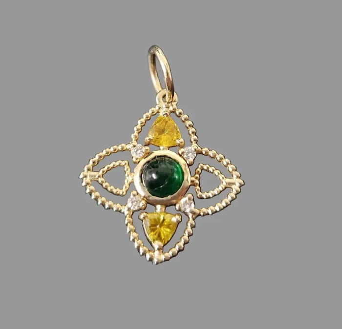 14k Gold Emerald Pendant with Yellow Sapphire & Diamond