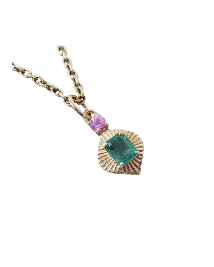 14k Gold Emerald & Pink Sapphire Pendant, Natural Emerald Charm