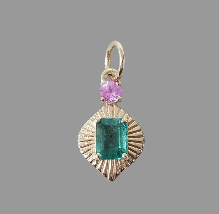 14k Gold Emerald & Pink Sapphire Pendant, Natural Emerald Charm