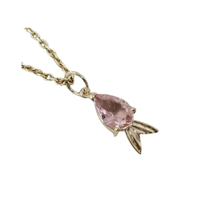 14k Gold Fish Tourmaline Pendant Necklace: Pink Tourmaline Gemstone, Handmade - K Jewelry Accessories