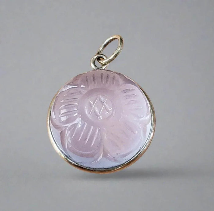 14K Gold Flower Carving Rose Quartz Pendant Elegant - K Jewelry Accessories