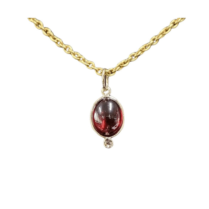 14k Gold Garnet Cabochon and Rose Cut Diamond Pendant - K Jewelry Accessories