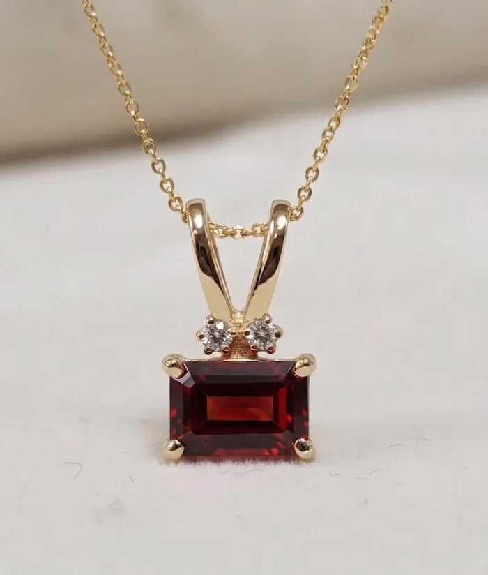 14K Gold Garnet & Diamond Charm, Emerald Cut