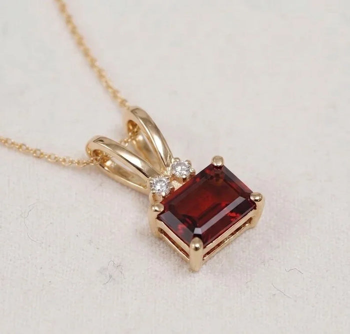 14K Gold Garnet & Diamond Charm, Emerald Cut