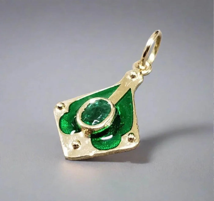 Elegant gold pendant with oval emerald and green enamel, luxury jewelry accessory