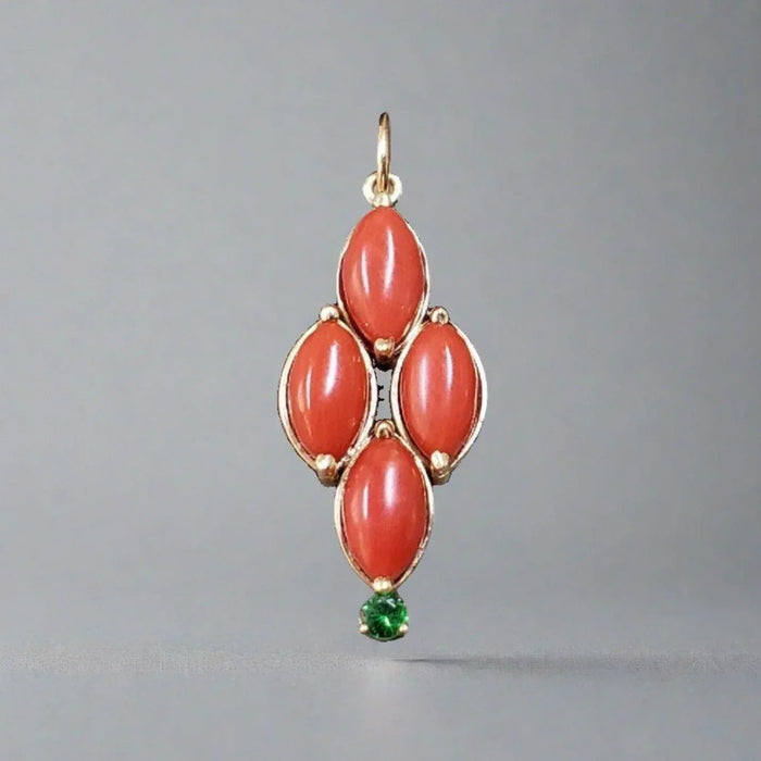 14k Gold Italian Marquise Coral & Tsavorite Pendant - K Jewelry Accessories