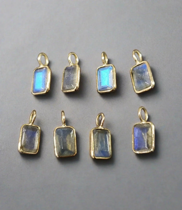 Gold-plated rectangle pendants with blue flash rainbow moonstone gemstones, elegant jewelry accessories