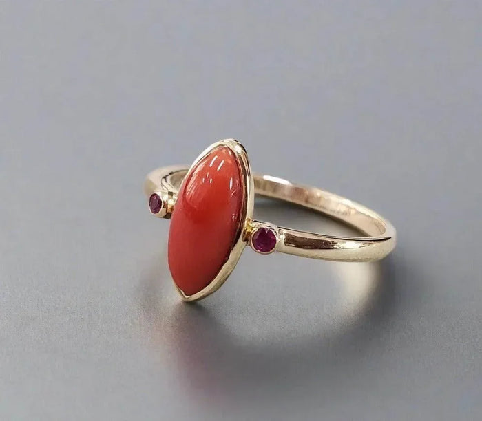14k Gold Marquise Coral & Ruby Ring - K Jewelry Accessories