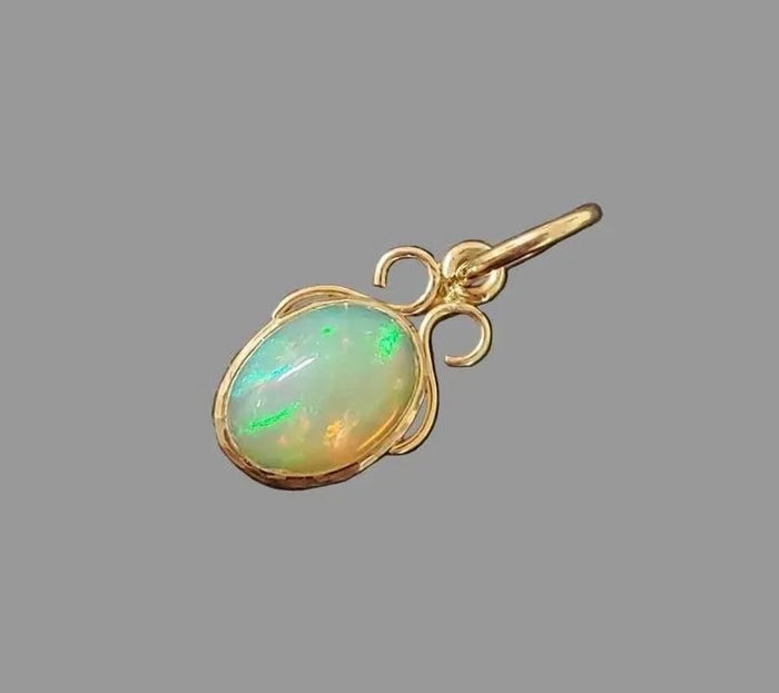 14k Gold Opal Pendant | Handmade Cabochon Necklace with Multi-Color Fire - K Jewelry Accessories
