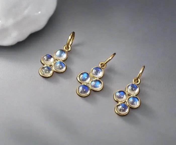 14k Gold Rainbow Moonstone Pendant Four stone Charm - K Jewelry Accessories