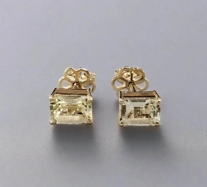 14k Gold Rectangle Aquamarine Studs Earrings - K Jewelry Accessories
