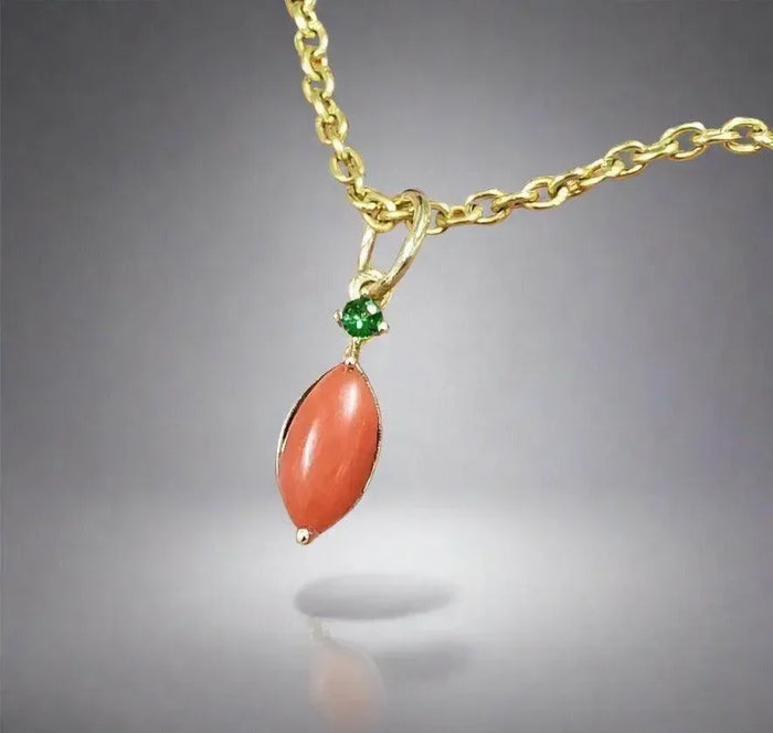 14k Gold Red Coral Pendant With Tsavorite Stone - K Jewelry Accessories