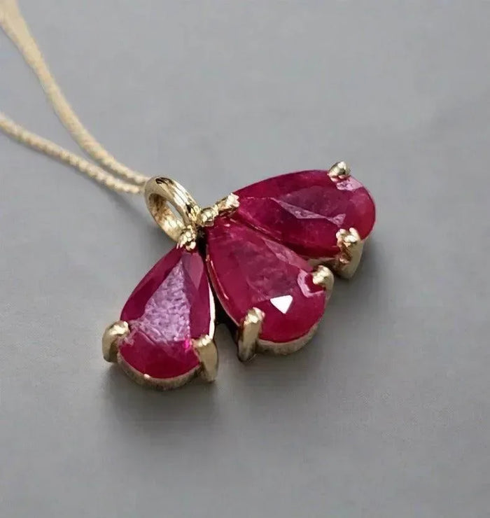 14k Gold Red Ruby Pendant Leaf Charm Made with 3 stones - K Jewelry Accessories
