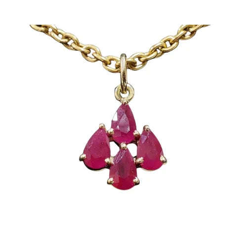 14k Gold Ruby Pendant: Teardrop Cluster, Prong Set