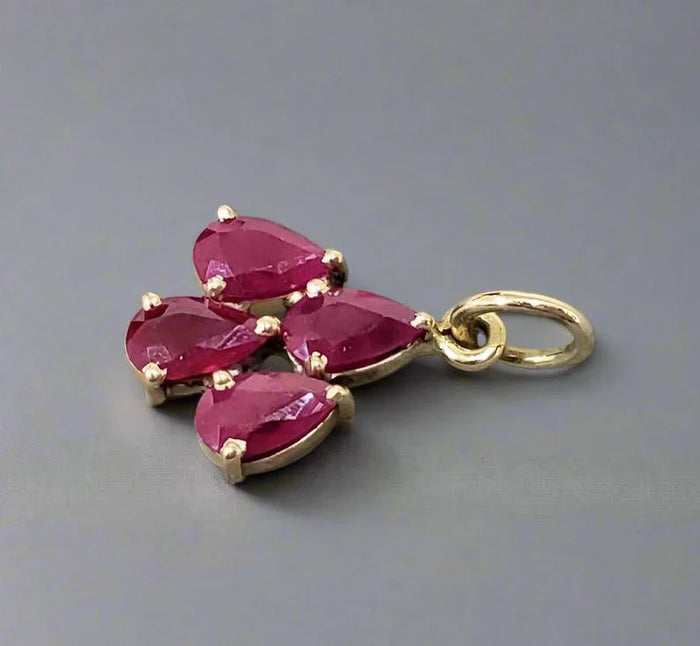 14k Gold Ruby Pendant: Teardrop Cluster, Prong Set
