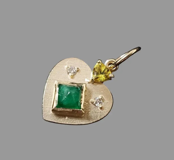14k Gold Square Emerald Heart Pendant with Yellow Sapphire & Diamond