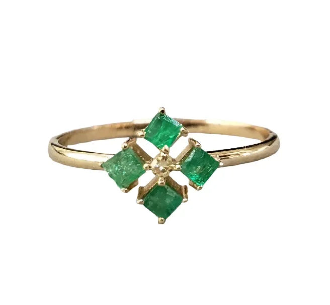 14k Gold Square Emerald with Diamond Ring - K Jewelry Accessories