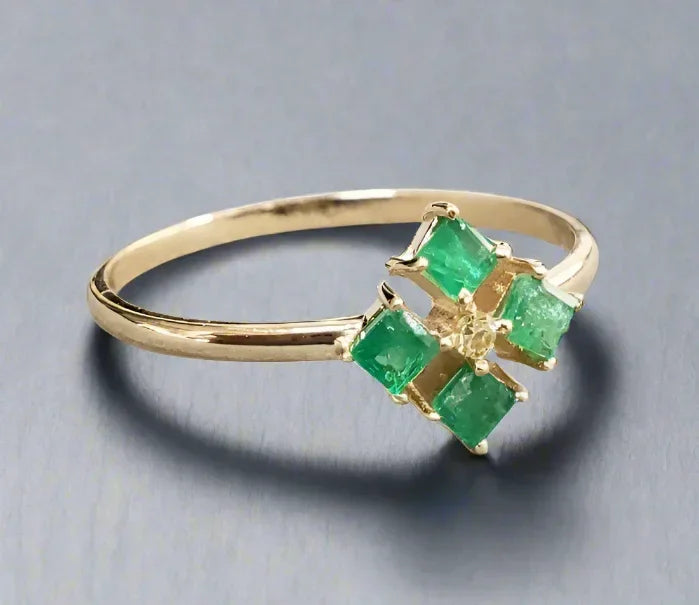 14k Gold Square Emerald with Diamond Ring - K Jewelry Accessories