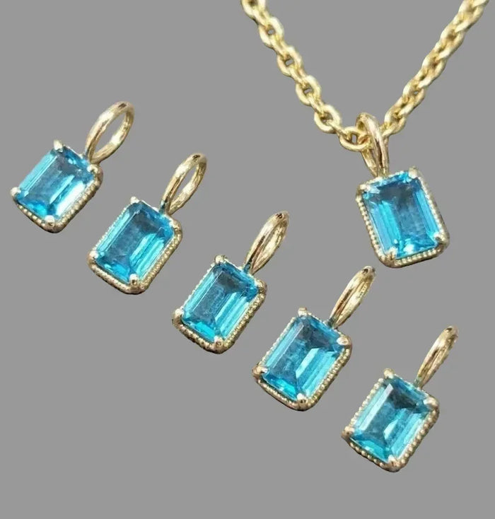 14K Gold Swiss Blue Topaz Pendant - Emerald Cut Gemstone Charm - K Jewelry Accessories