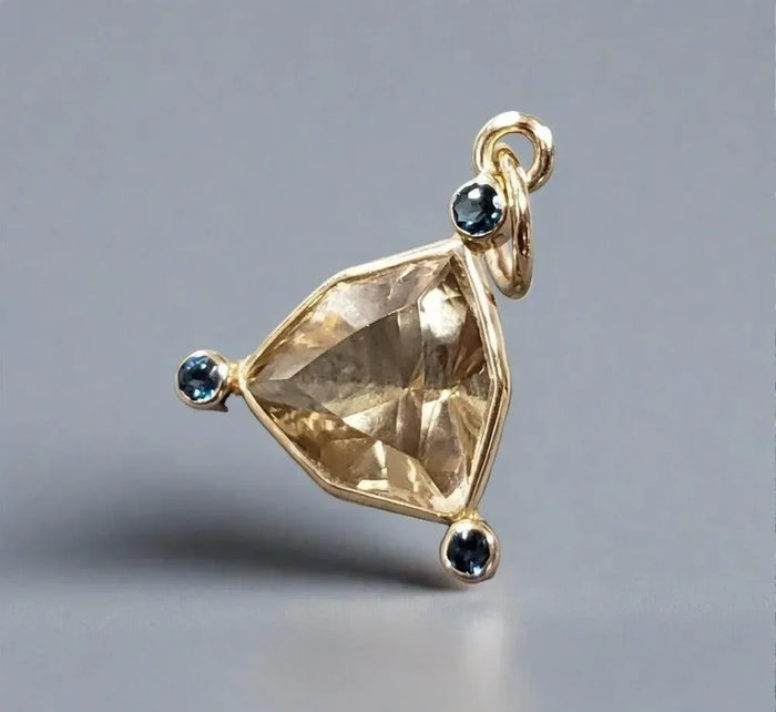 14k Gold Trillion Cut Champagne Quartz Charm & London Blue Topaz Pendant - K Jewelry Accessories