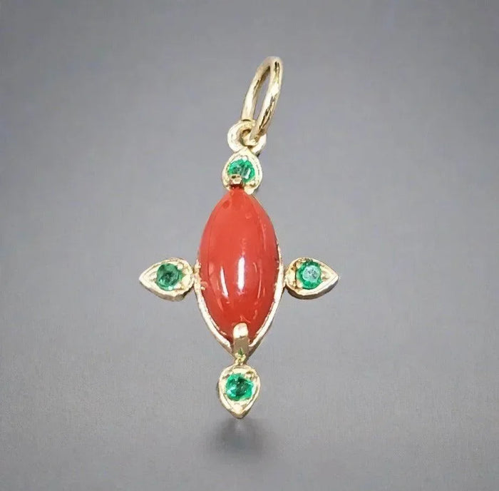 14k Red Coral Pendant Gold With Emerald Stones - K Jewelry Accessories