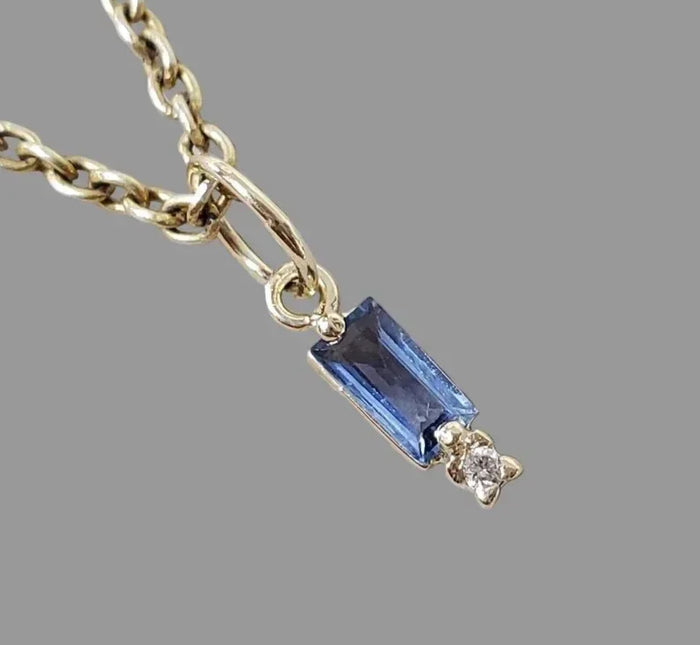 14k Solid Gold Baguette Blue Sapphire & Diamond Pendant - K Jewelry Accessories