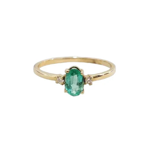 14k Solid Gold Emerald Ring with Diamonds