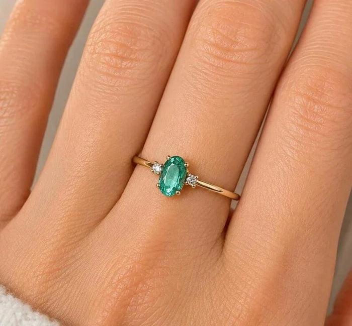 14k Solid Gold Emerald Ring with Diamonds