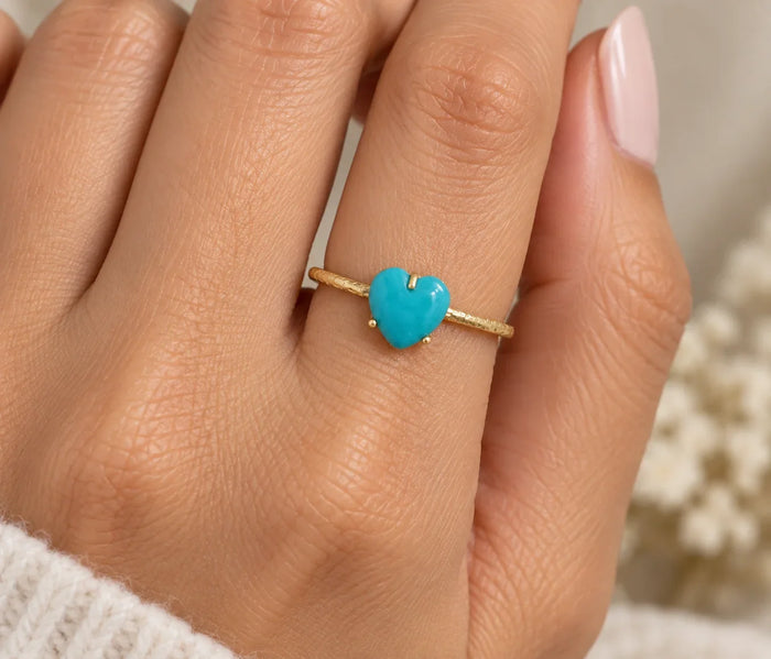 14k Solid Gold Heart Turquoise Ring, Handmade Minimalist