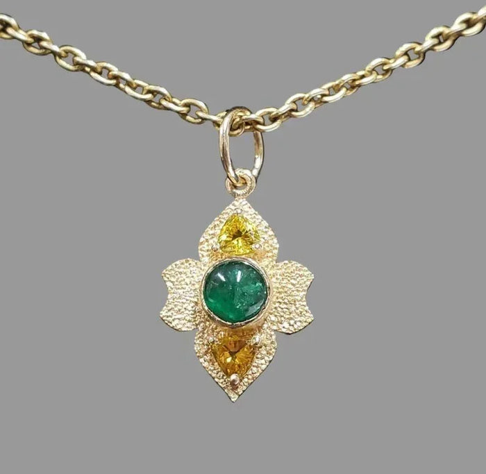 14k Textured Gold Emerald & Yellow Sapphire Pendant - K Jewelry Accessories