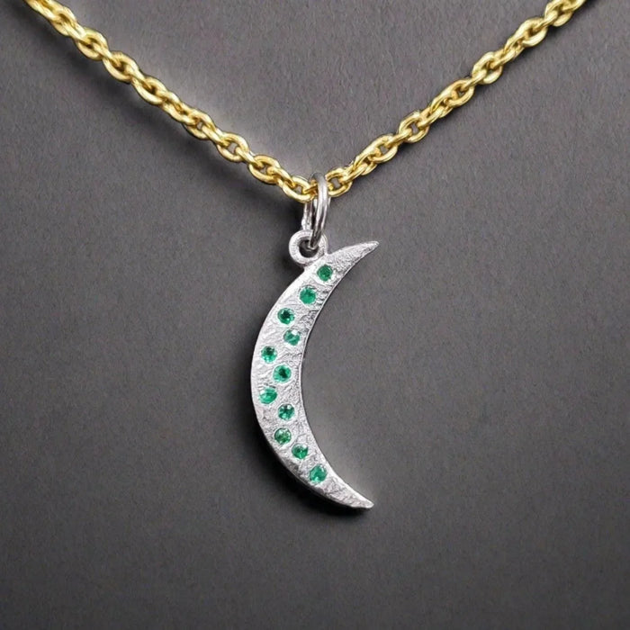 14k White Gold Zambian Emerald Moon Necklace Charm - K Jewelry Accessories