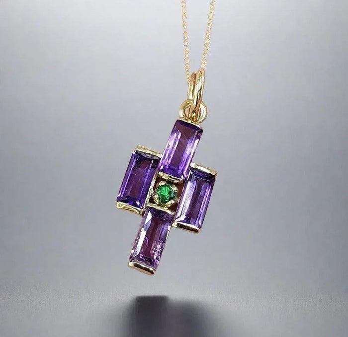 18k Gold Amethyst & Tsavorite Cross Shape Pendant - K Jewelry Accessories