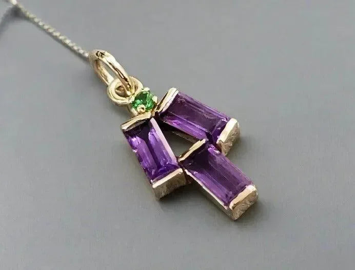 18k Gold Baguette Amethyst & Tsavorite Pendant - K Jewelry Accessories