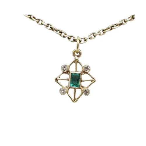 18k Gold Baguette Emerald & Diamond Pendant