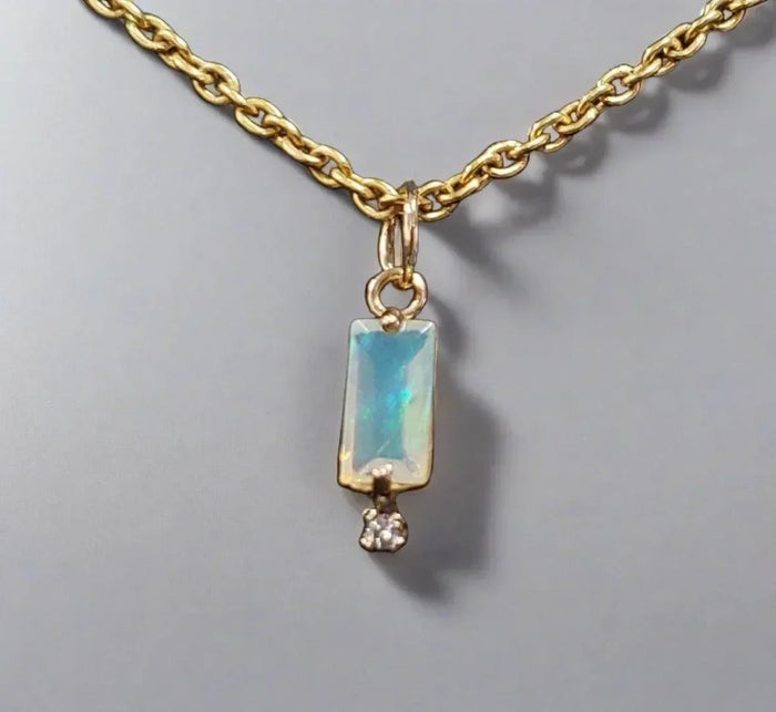 18k Gold Baguette Opal & Diamond Pendant with natural stone - K Jewelry Accessories