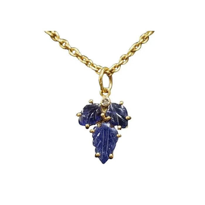 18k Gold Carved Leaf Blue Sapphire Diamond Pendant - K Jewelry Accessories