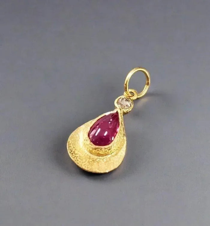 18k Gold Drop Ruby & Rose Cut Diamond Pendant - K Jewelry Accessories