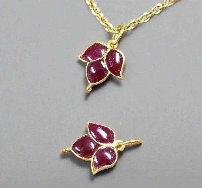 18k Gold Natural Leaf Ruby Necklace Three stone Charm - K Jewelry Accessories