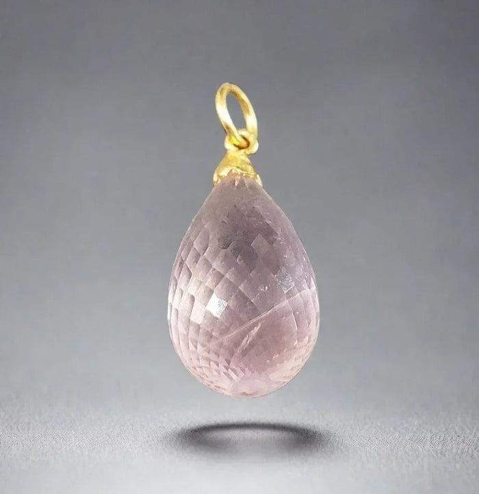 Faceted rose quartz teardrop pendant with gold bail, elegant jewelry accessory