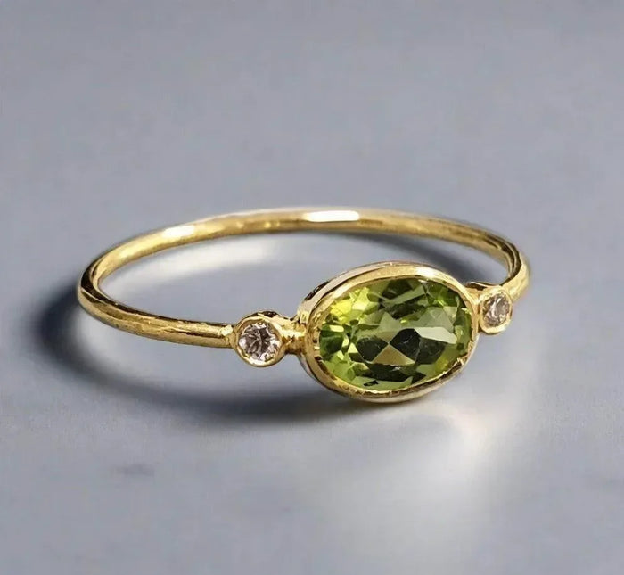 18k Gold Oval Green Peridot Ring With Diamond Stones - K Jewelry Accessories
