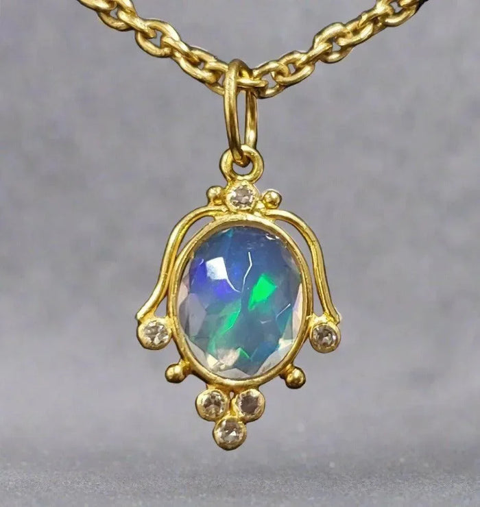 18k Gold Oval Opal with Diamond Pendant Designer for Her - K Jewelry Accessories