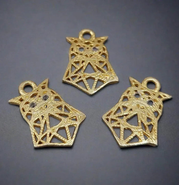 Gold filigree owl charms for jewelry making, elegant and detailed animal pendants