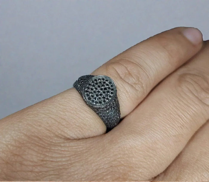925 Silver Black Diamond Signet Oxidized Ring - K Jewelry Accessories