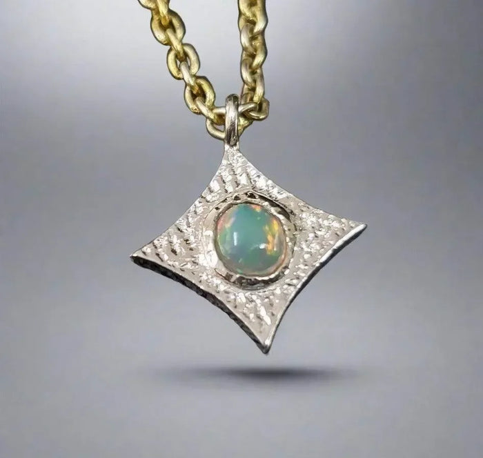 Elegant diamond-cut pendant with opal center on gold chain, luxury jewelry accessory
