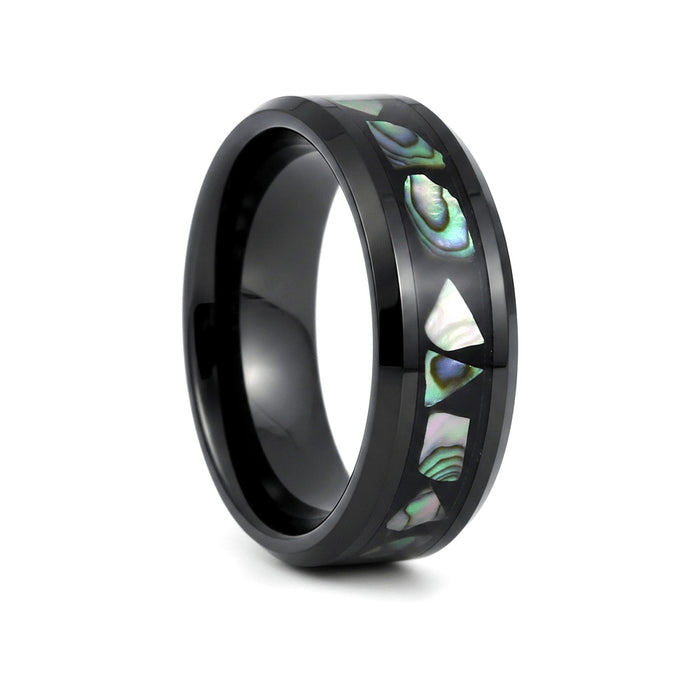 ABALONX black tungsten wedding ring with black resin and abalone shell inlay - front view
