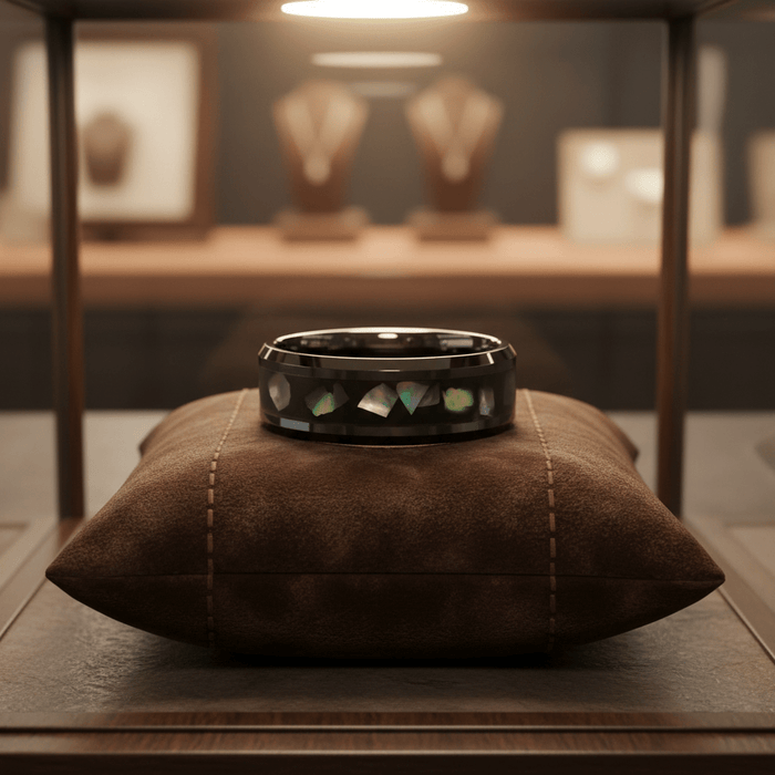 ABALONX — Premium boutique display on velvet — men's tungsten wedding ring.